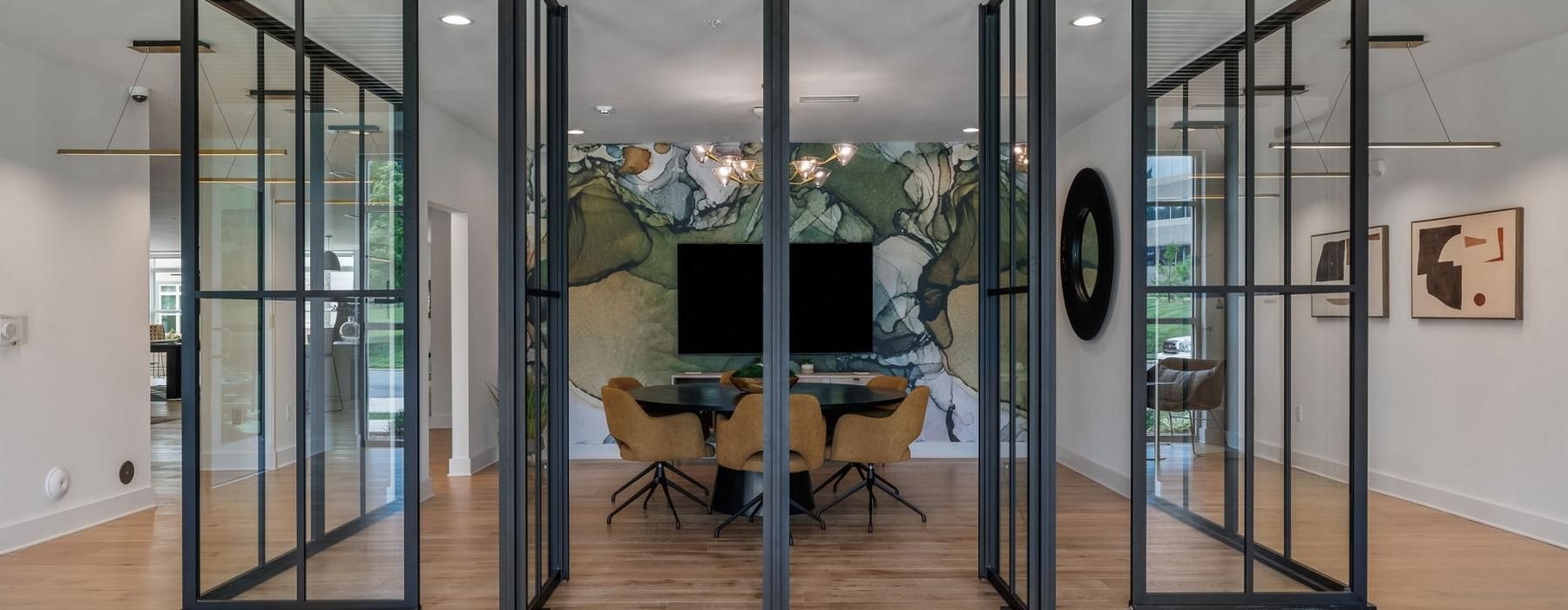 a room with glass doors