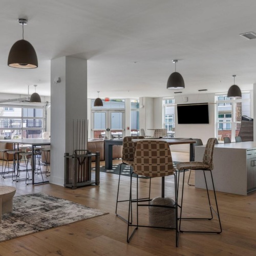 a room with tables and chairs