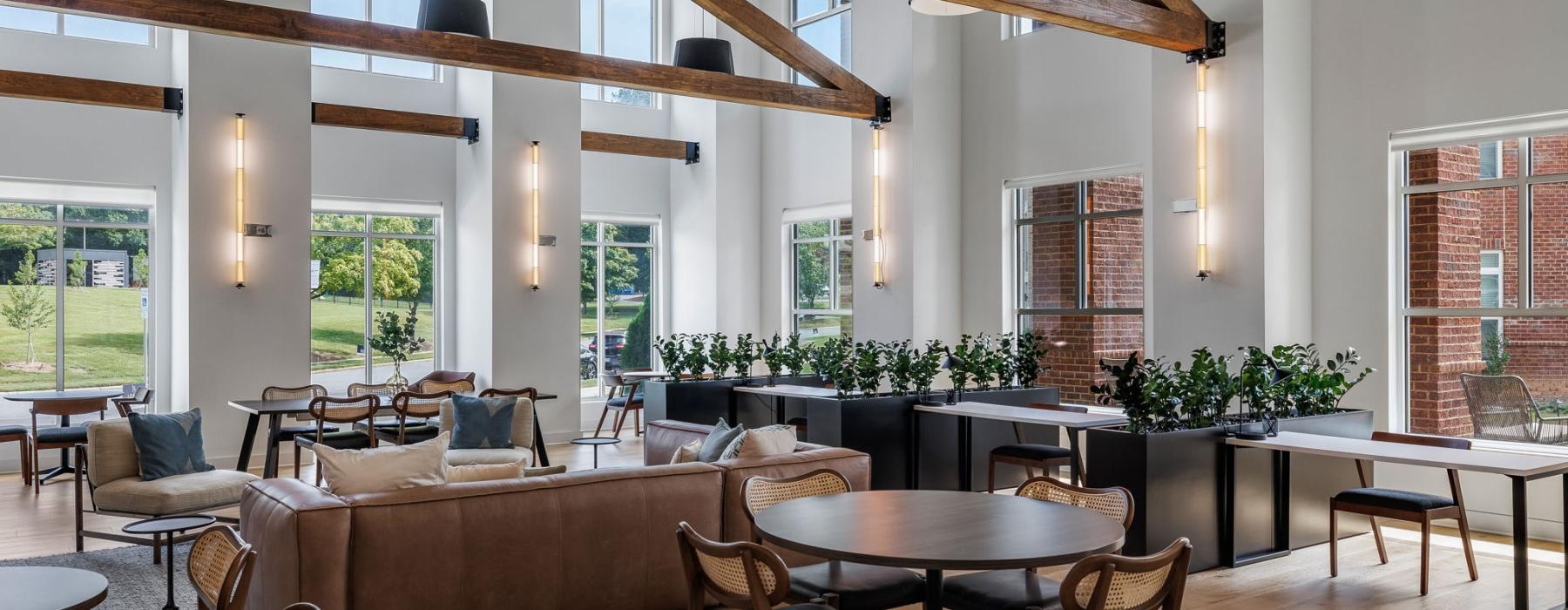 a room with tables and chairs