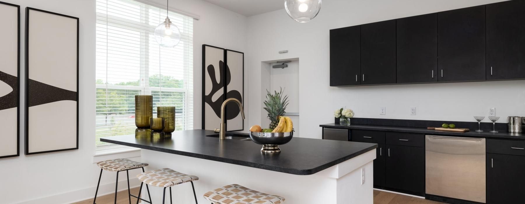 a kitchen with black cabinets